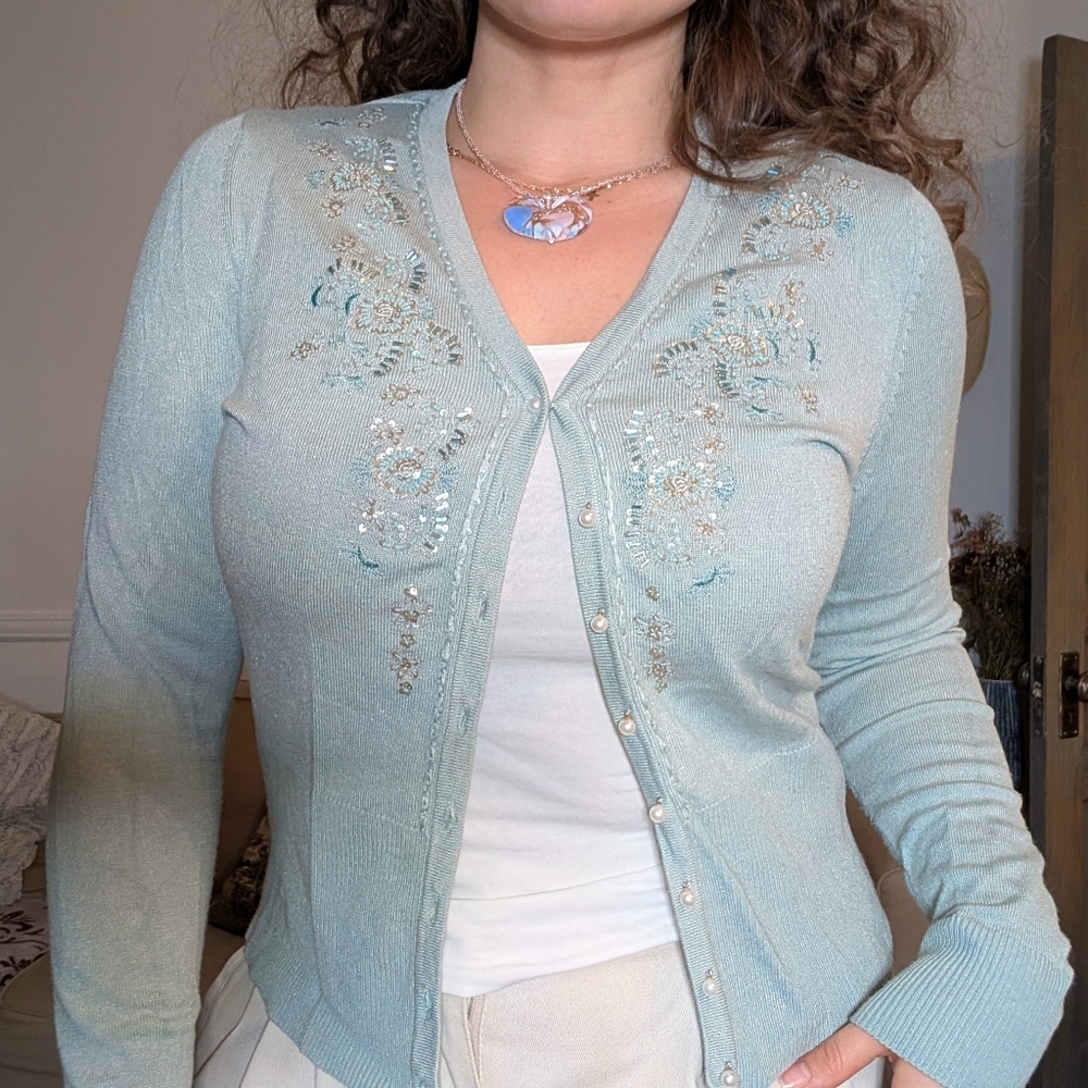 Vintage Light Green Cardigan with Embroidered And Bead Details